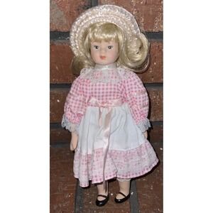 Vintage Style 8" Porcelain Doll Pink Gingham Dress Straw Bonnet Blonde Hair Lace